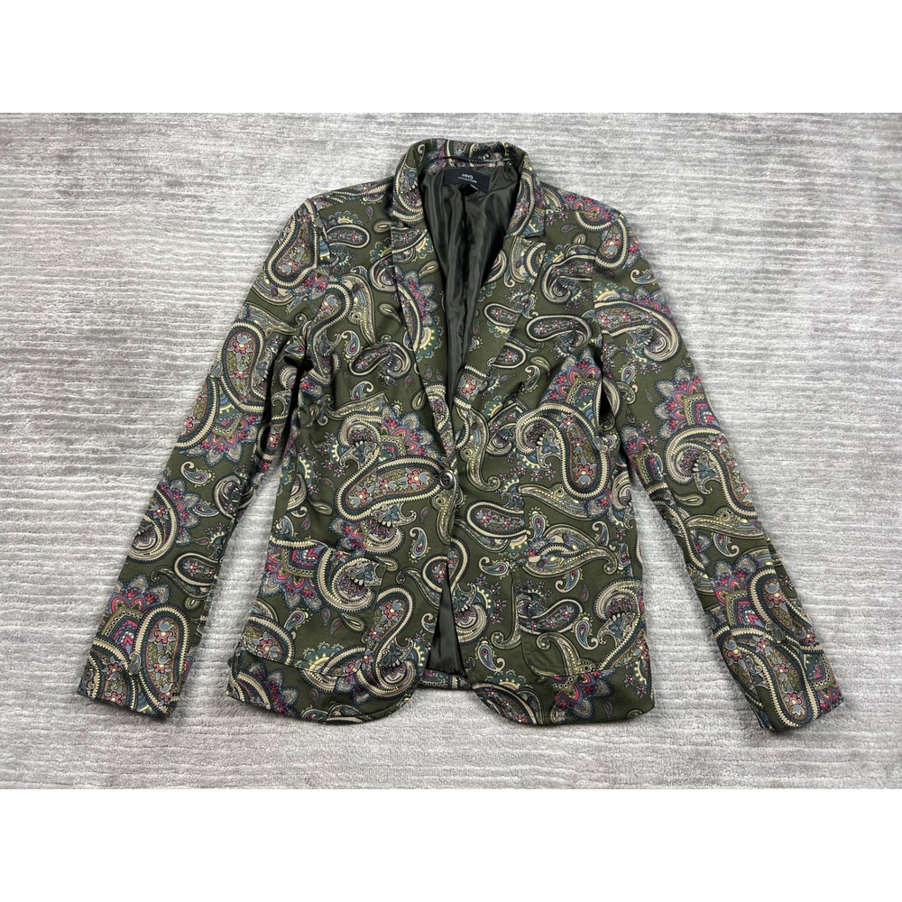 MNG Collection Blazer Womens Large Olive Green Paisley Single Button Jacket